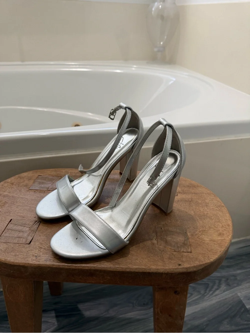 Silver Block Heel Ankle-Strap Sandals